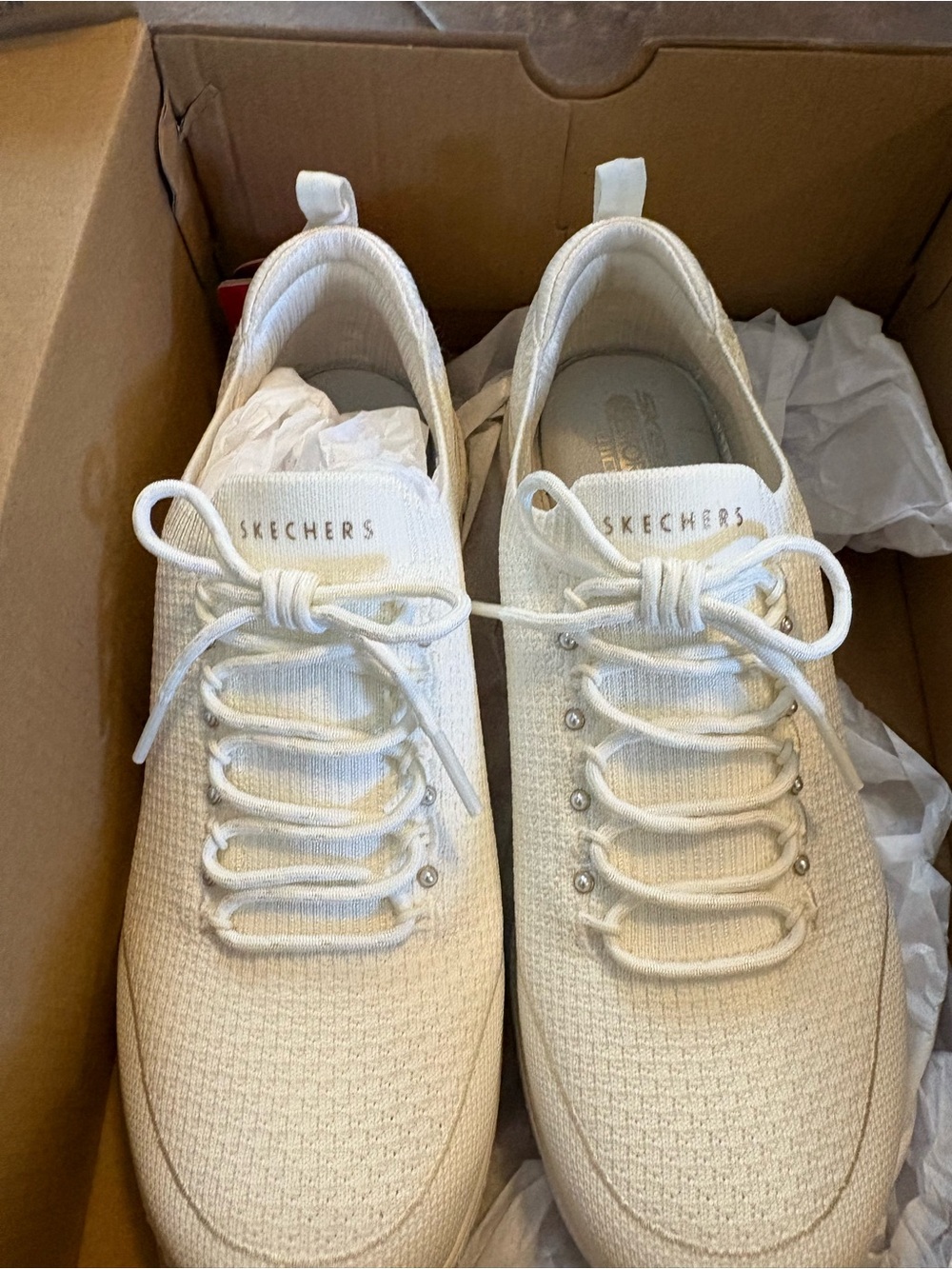 Skechers Men’s Lightweight Knit Athletic Sneakers in Off-White